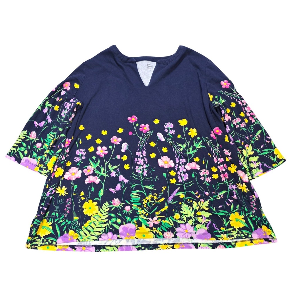 Kim Rogers 100% Cotton Blouse Women's 2X Navy Blue Floral Wildflower Split Neck